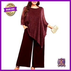Plus Size 2 Piece Pant Suit Set Asymmetric Cape Top Wide Leg Pants Formal